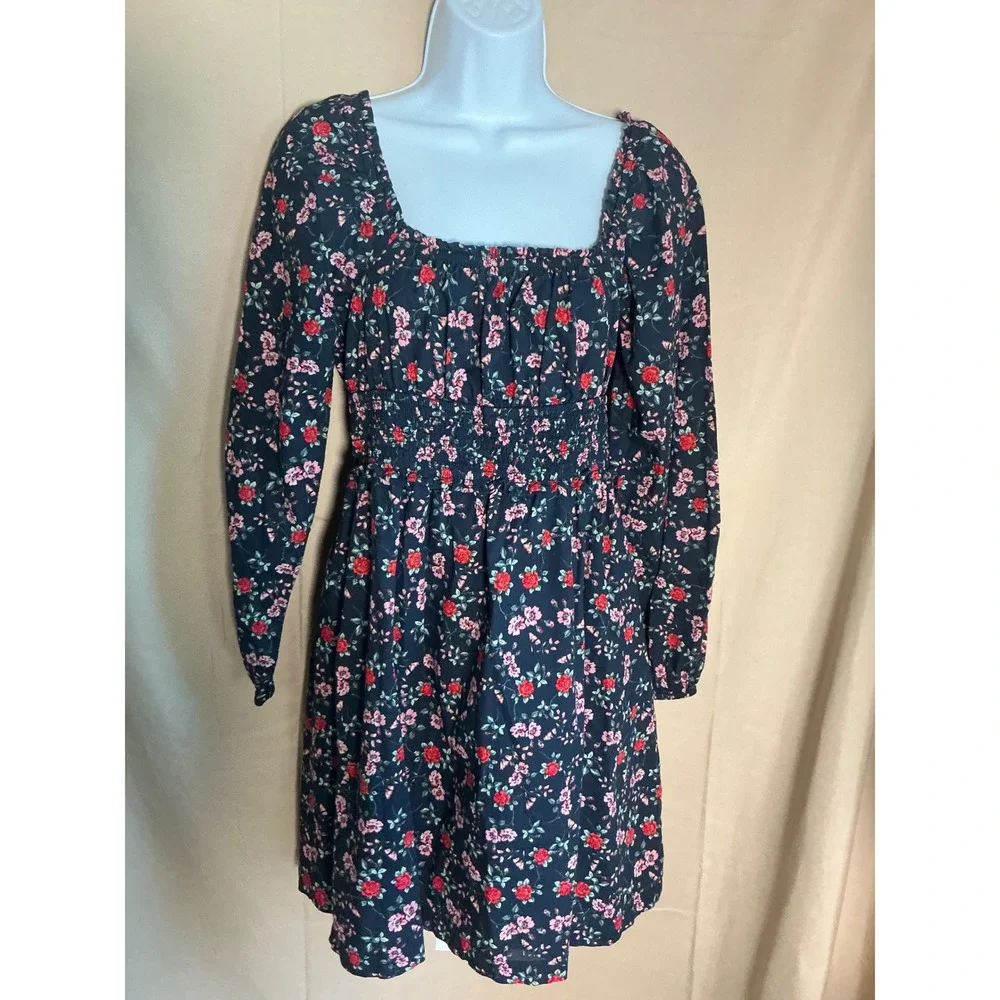 BP Floral Long Sleeve Dress Kids Medium Navy Blue Excellent Smocked Square Neck